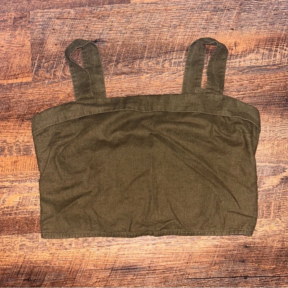 Abercrombie & Fitch Cropped Linen Tank Top Womens Size L Smocked Army Green - Picture 2 of 4